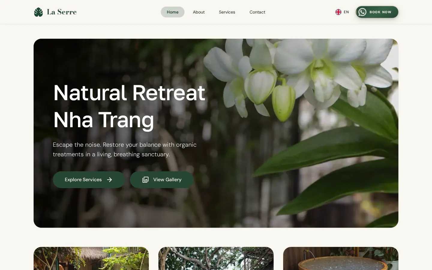 The La Serre Nha Trang home page: a white orchid photo behind the heading “Natural Retreat Nha Trang”, with Explore Services and View Gallery buttons.