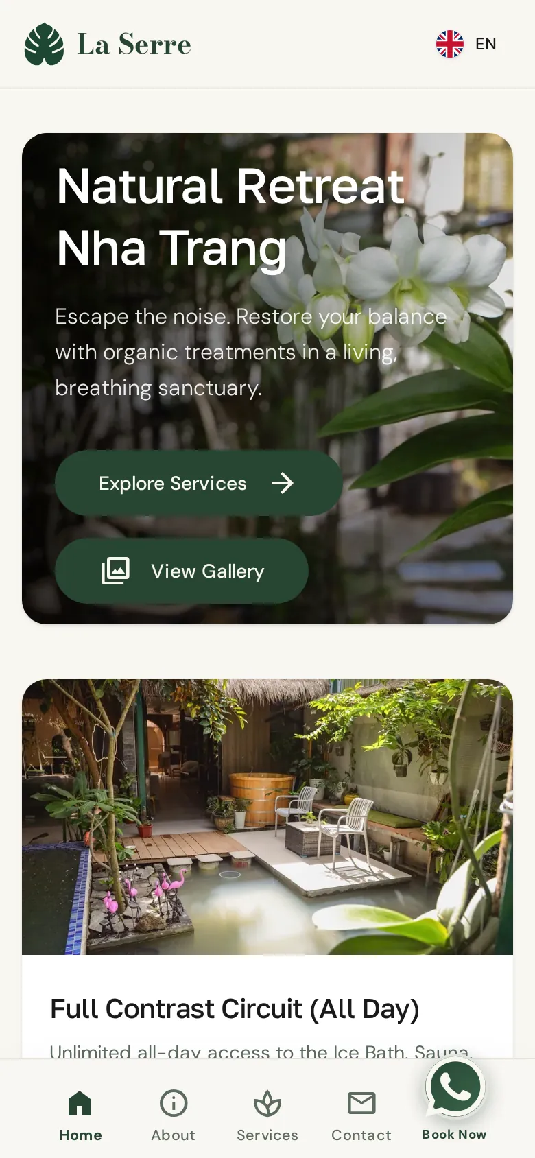 The La Serre site on a phone: the heading “Natural Retreat Nha Trang” over an orchid photo, then a card for the Full Contrast Circuit package.